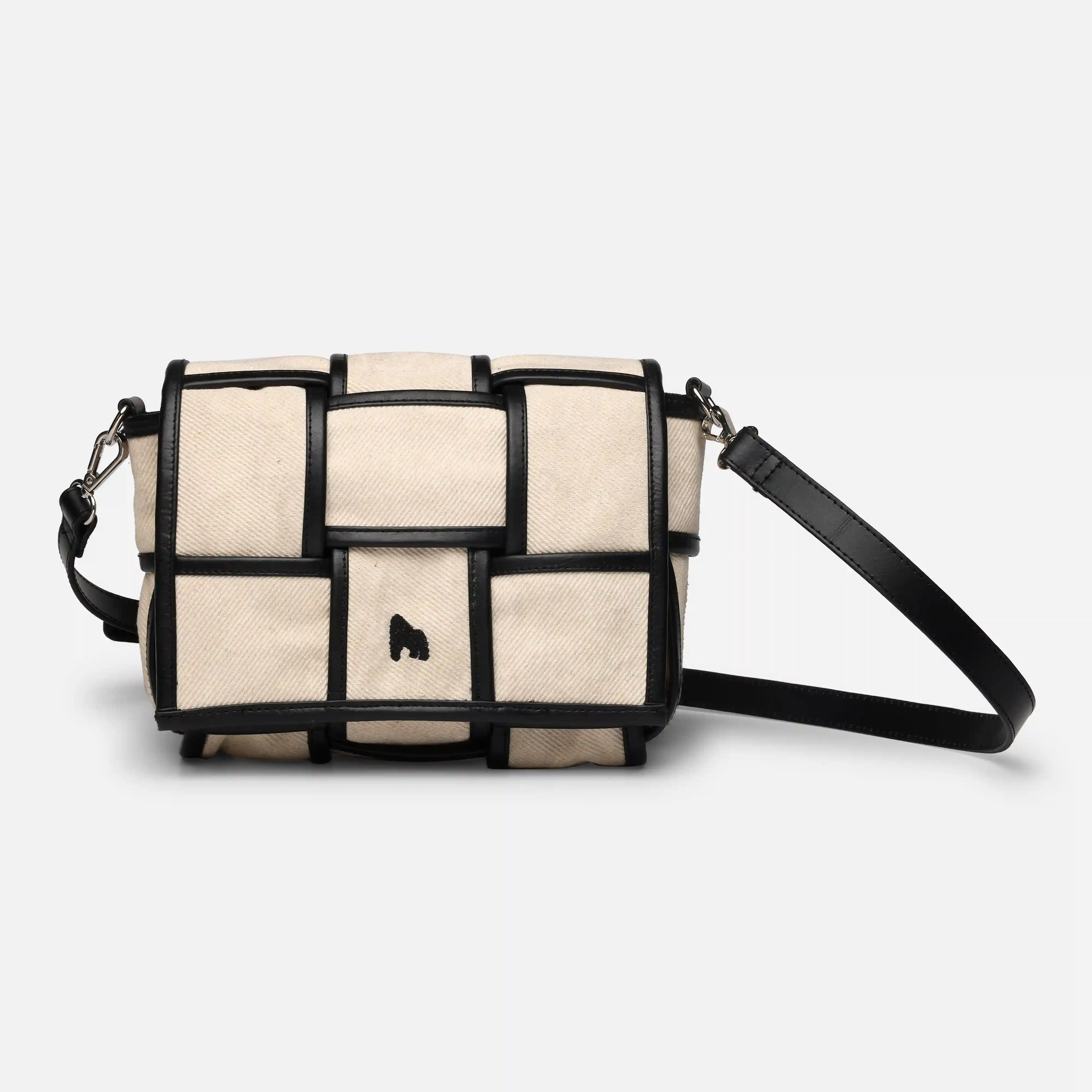 Elegant Woven Crossbody Bag – Black & White Fabric with Leather Detailing